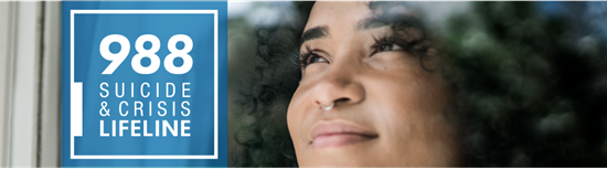 988 Suicide and Crisis Lifeline. 988 Suicide and Crisis Lifeline graphic, woman and logo.