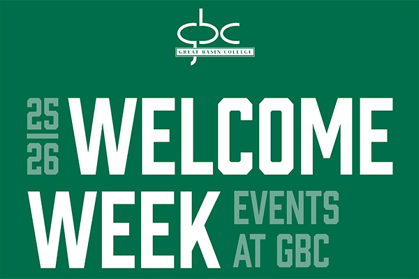GBC Welcome Week title with forest green background and white and sage green lettering.graphic.
