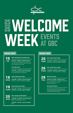 Dark green background, white and sage green lettering with event schedule.